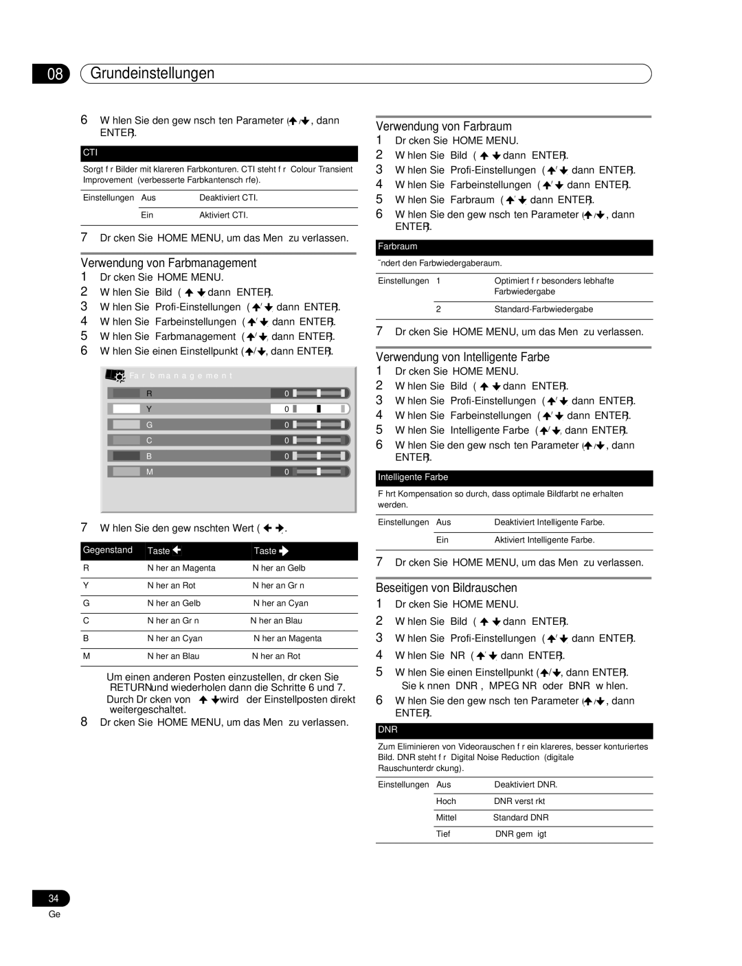 Pioneer PDP-507XD manual Verwendung von Farbmanagement, Verwendung von Farbraum, Verwendung von Intelligente Farbe 