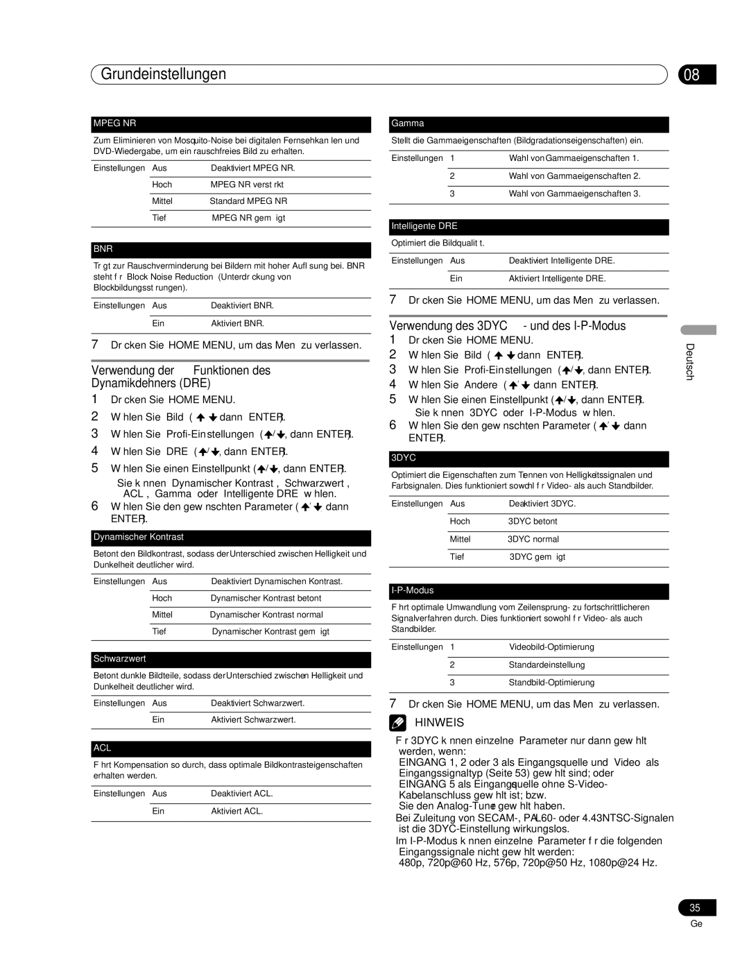 Pioneer PDP-507XD manual Verwendung der Funktionen des Dynamikdehners DRE, Verwendung des 3DYC- und des I-P-Modus 