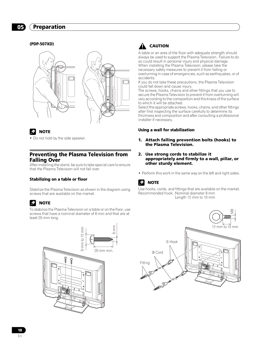 Pioneer PDP-507XD manual Preventing the Plasma Television from Falling Over, Stabilizing on a table or floor, Mm min 