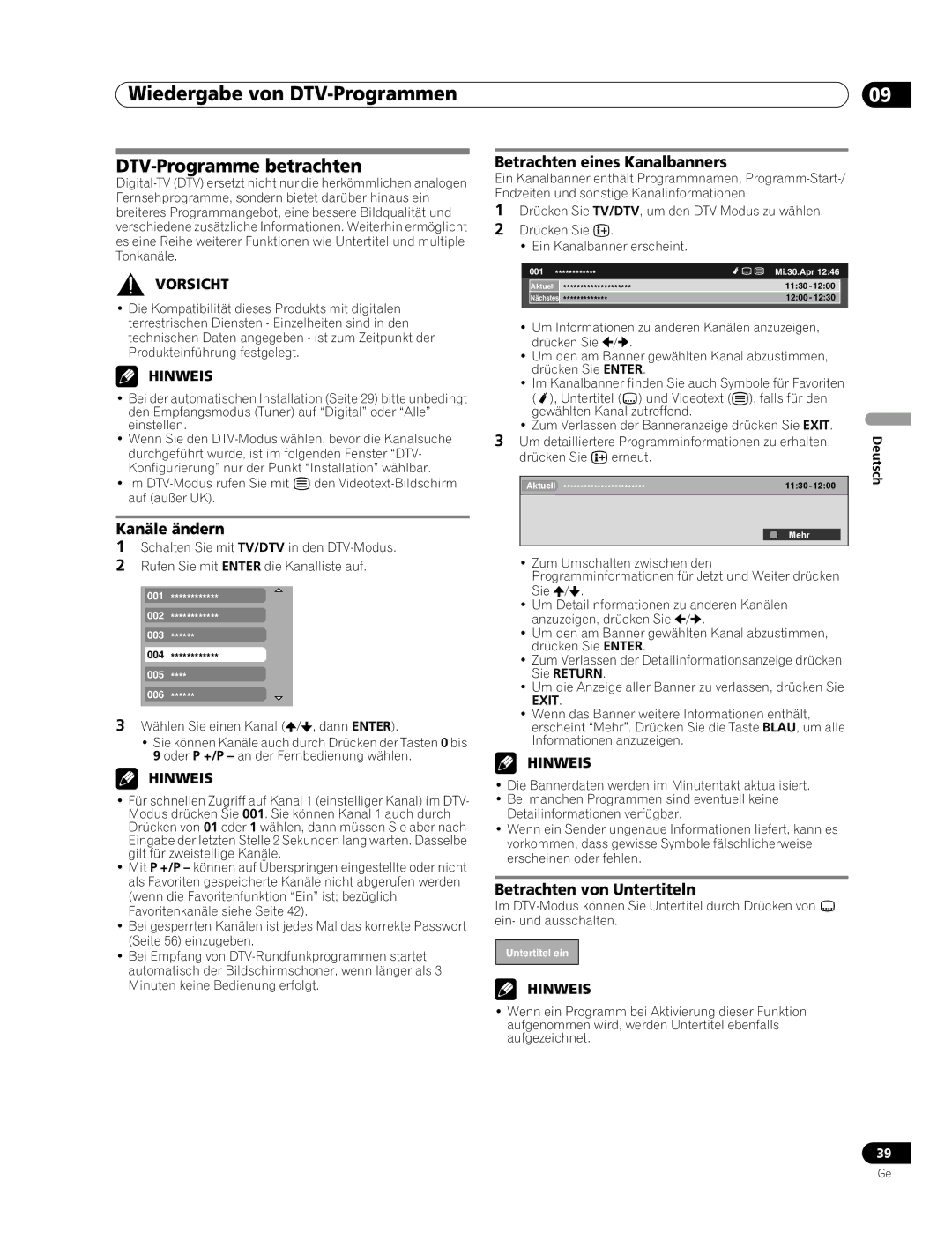 Pioneer PDP-507XD Wiedergabe von DTV-Programmen, DTV-Programme betrachten, Kanäle ändern, Betrachten eines Kanalbanners 