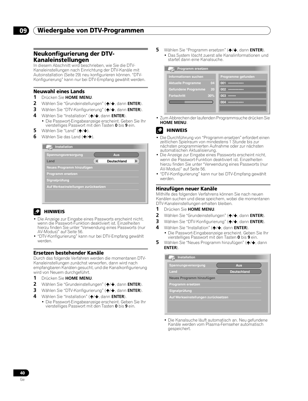 Pioneer PDP-507XD manual Neukonfigurierung der DTV Kanaleinstellungen, Neuwahl eines Lands, Ersetzen bestehender Kanäle 