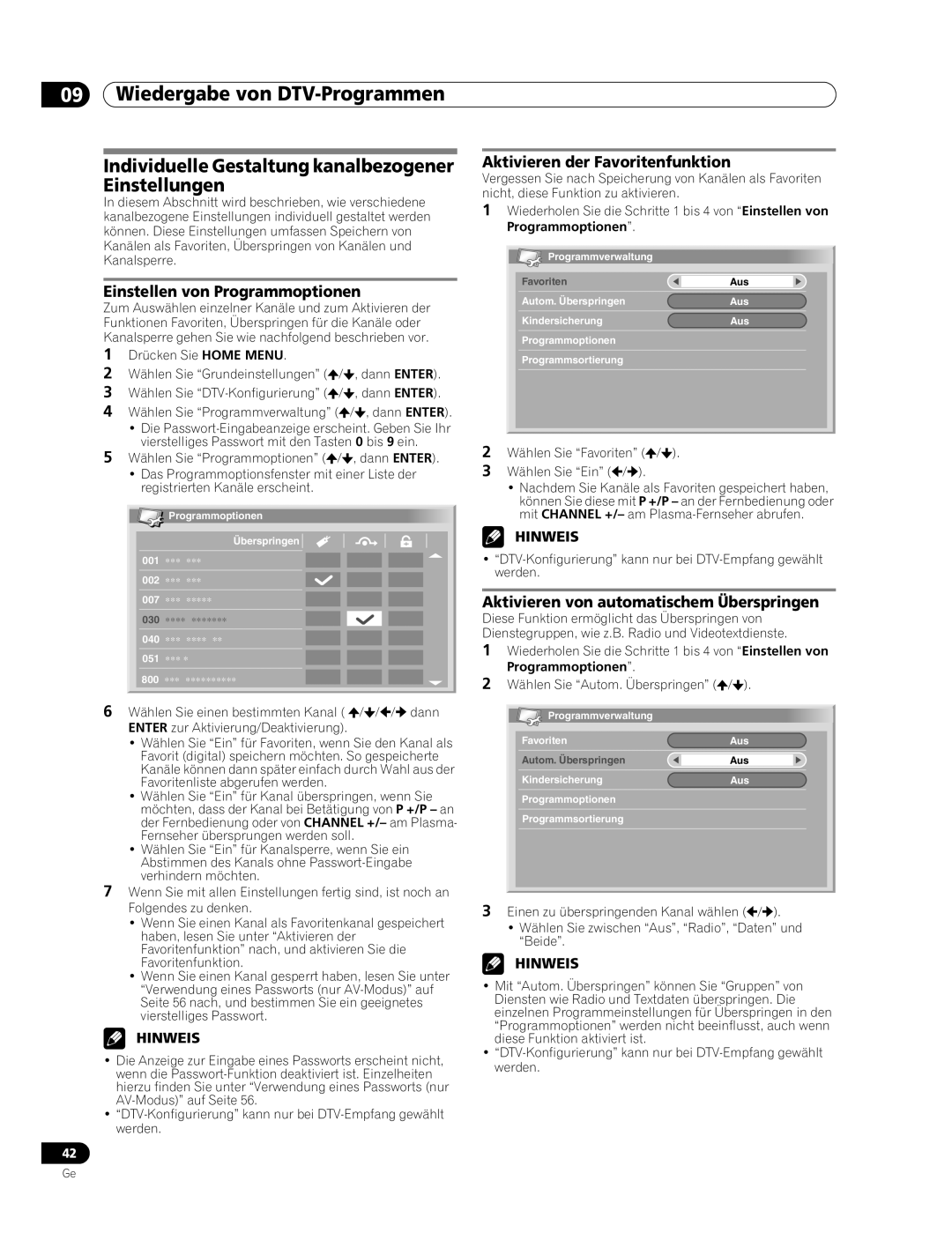 Pioneer PDP-507XD manual Individuelle Gestaltung kanalbezogener Einstellungen, Einstellen von Programmoptionen 