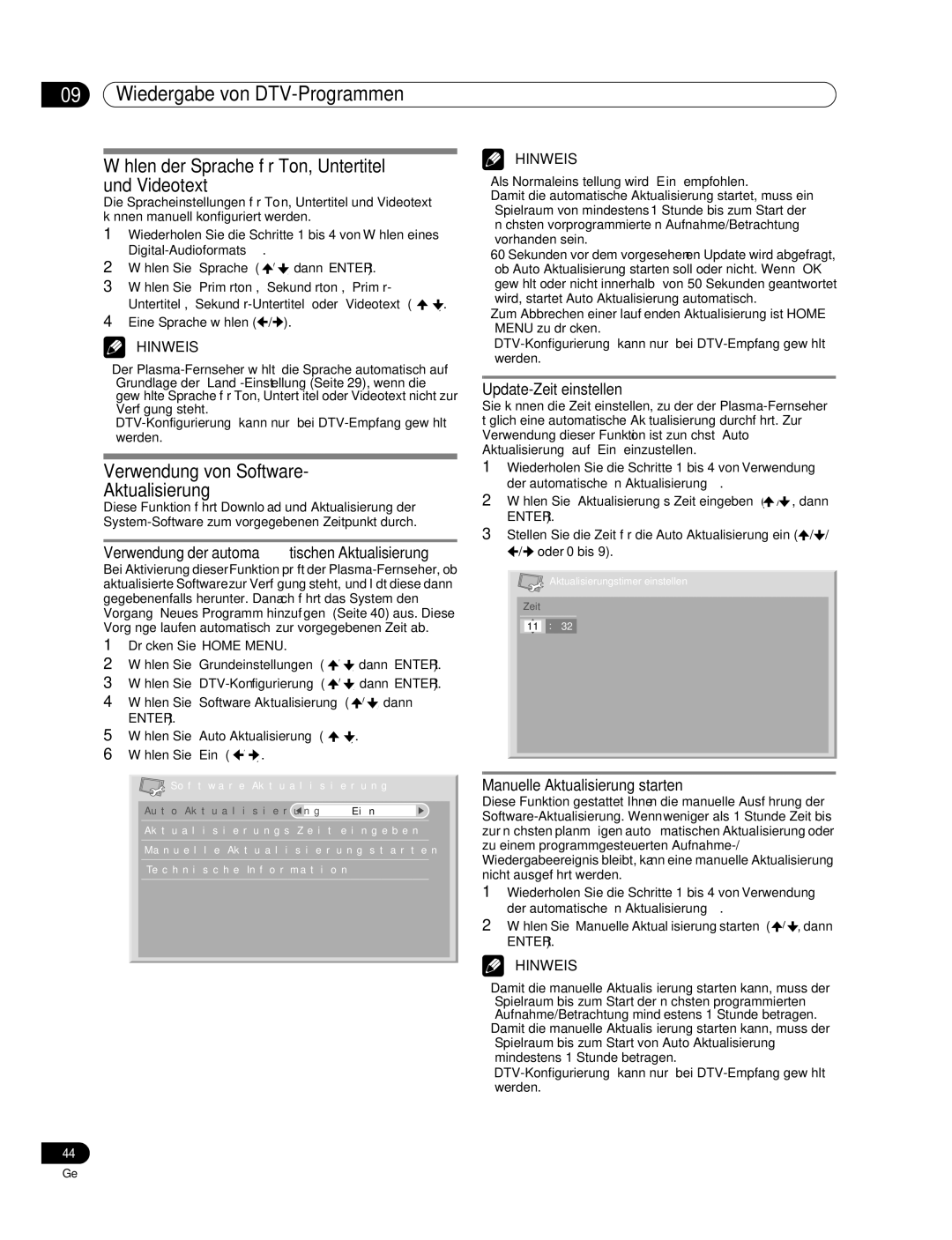 Pioneer PDP-507XD manual Wählen der Sprache für Ton, Untertitel und Videotext, Verwendung von Software Aktualisierung 