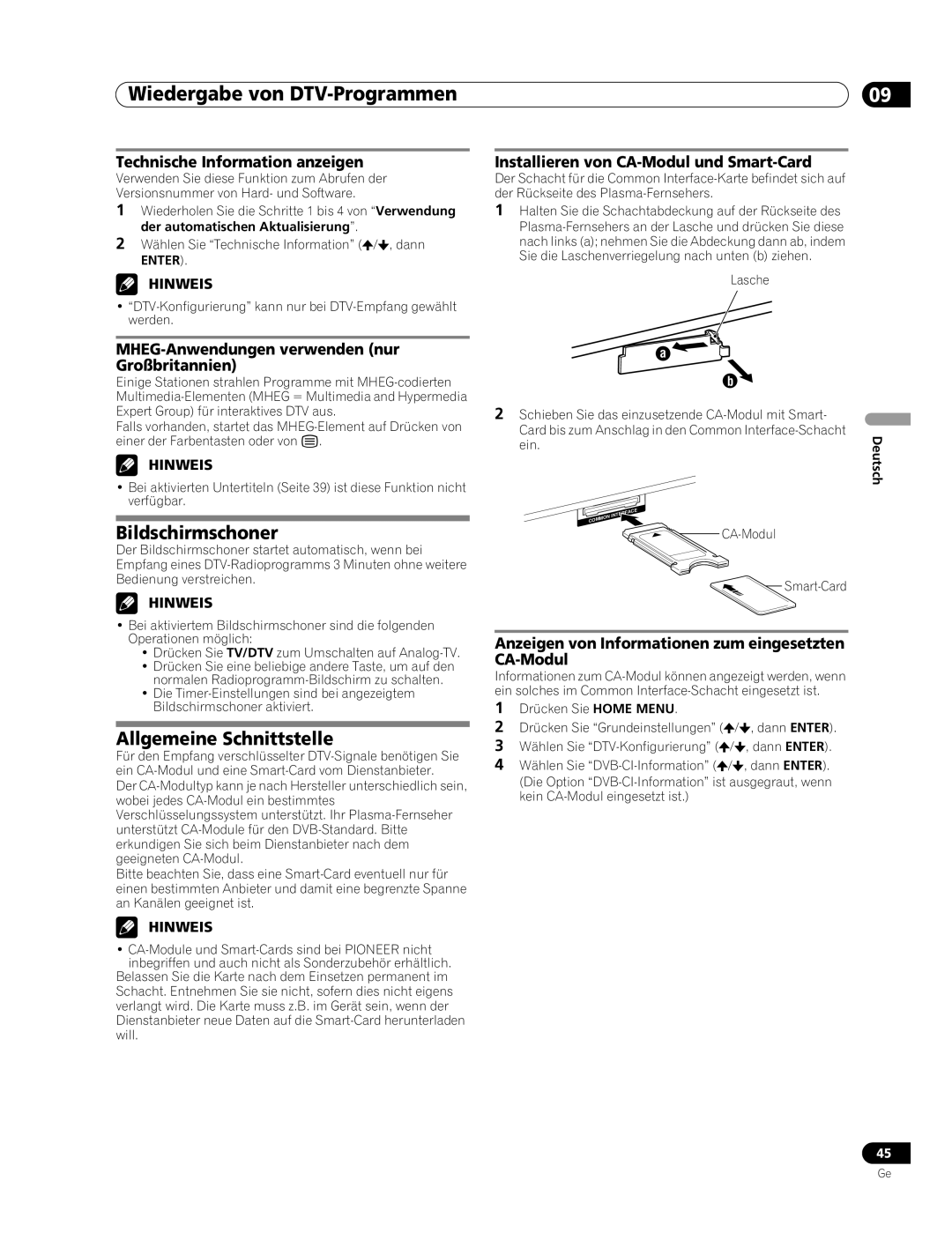 Pioneer PDP-507XD manual Bildschirmschoner, Allgemeine Schnittstelle 