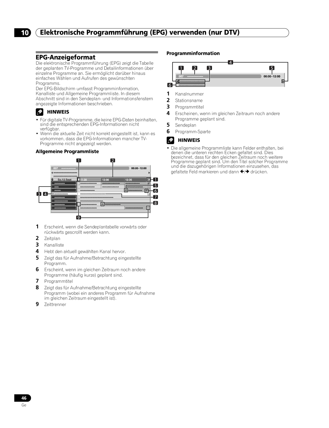 Pioneer PDP-507XD manual Elektronische Programmführung EPG verwenden nur DTV, EPG-Anzeigeformat, Allgemeine Programmliste 