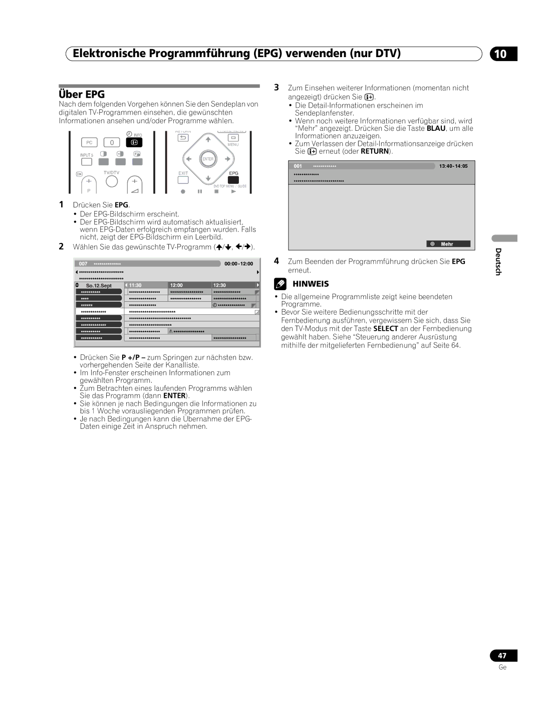 Pioneer PDP-507XD manual Über EPG, Zum Beenden der Programmführung drücken Sie EPG erneut 