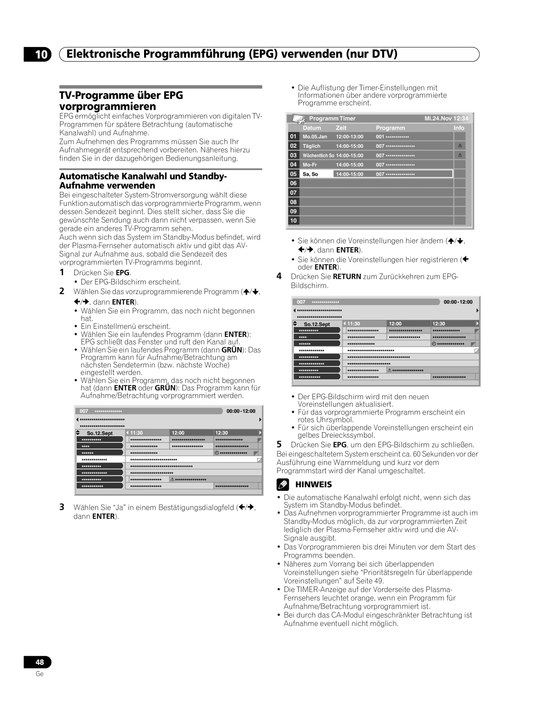 Pioneer PDP-507XD manual TV-Programme über EPG vorprogrammieren, Automatische Kanalwahl und Standby- Aufnahme verwenden 