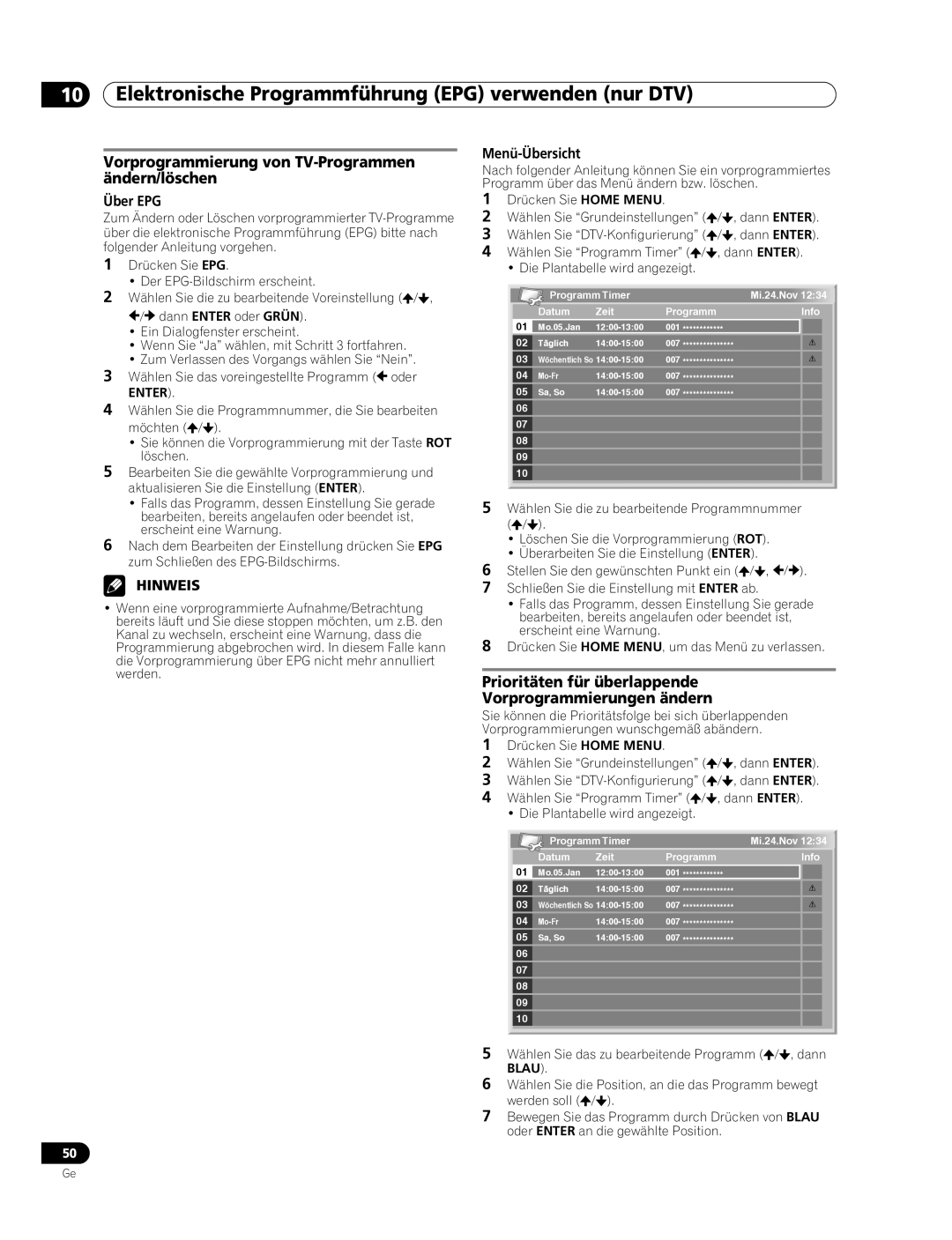 Pioneer PDP-507XD manual Vorprogrammierung von TV-Programmen ändern/löschen, Über EPG, Menü-Übersicht 