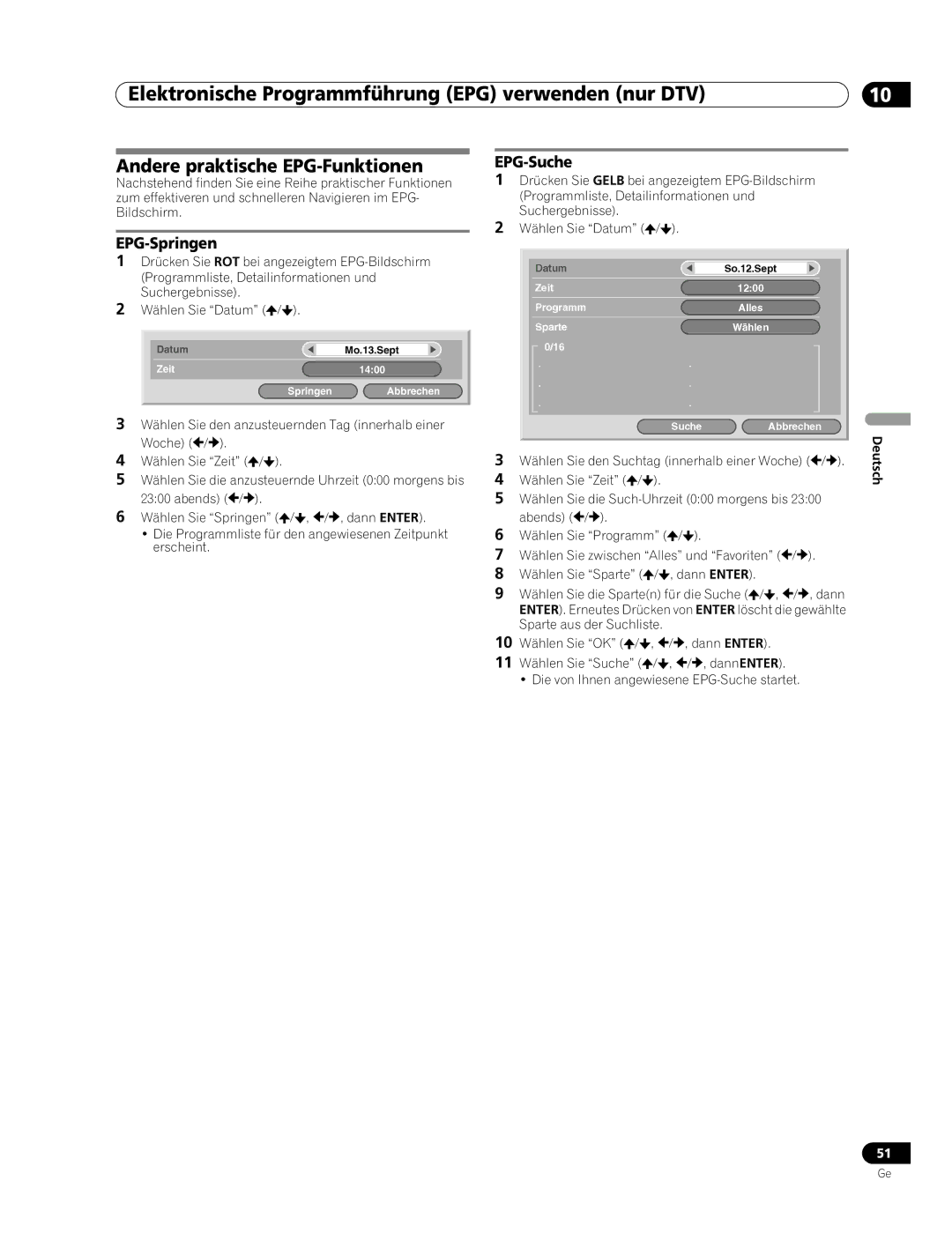 Pioneer PDP-507XD manual Andere praktische EPG-Funktionen, EPG-Springen, EPG-Suche 
