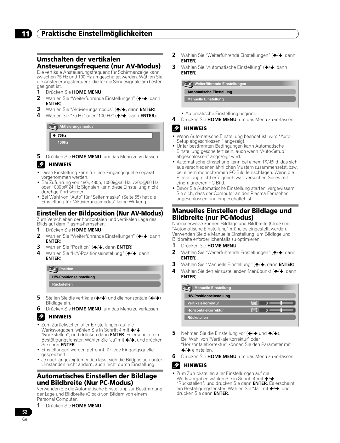 Pioneer PDP-507XD manual Praktische Einstellmöglichkeiten, Umschalten der vertikalen Ansteuerungsfrequenz nur AV-Modus 