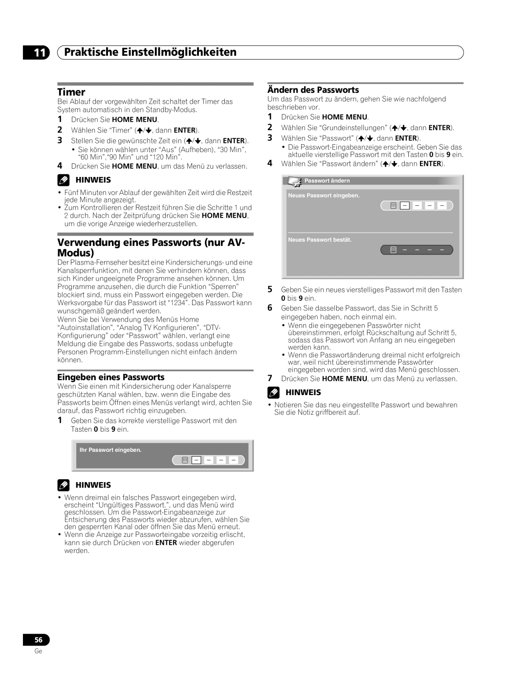 Pioneer PDP-507XD manual Timer, Verwendung eines Passworts nur AV- Modus, Eingeben eines Passworts, Ändern des Passworts 