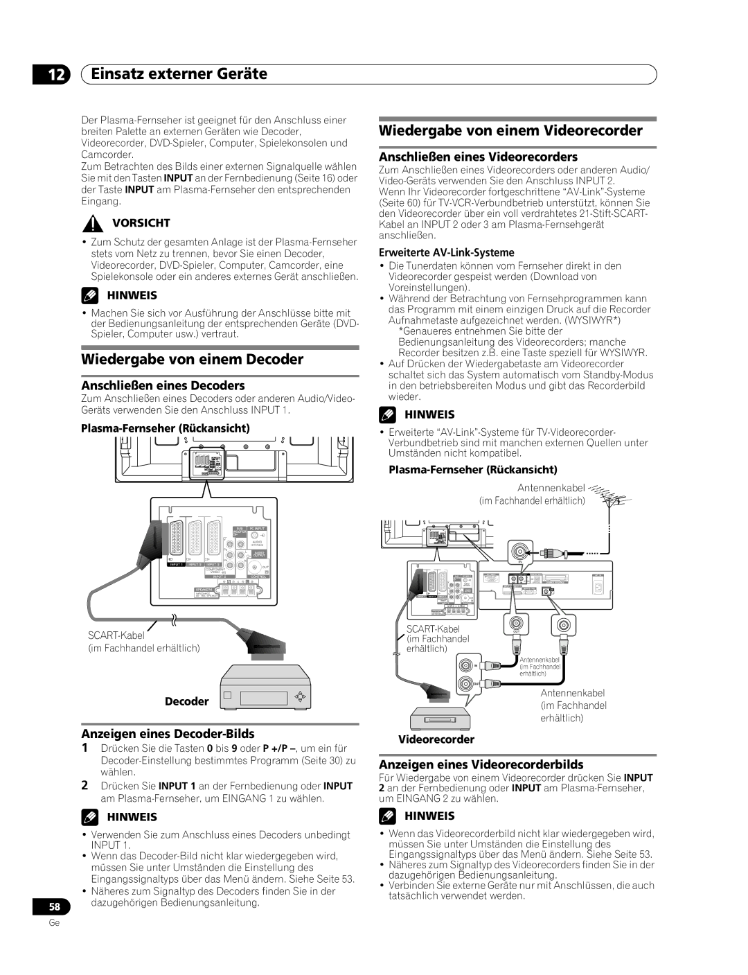 Pioneer PDP-507XD manual Einsatz externer Geräte, Wiedergabe von einem Decoder, Wiedergabe von einem Videorecorder 