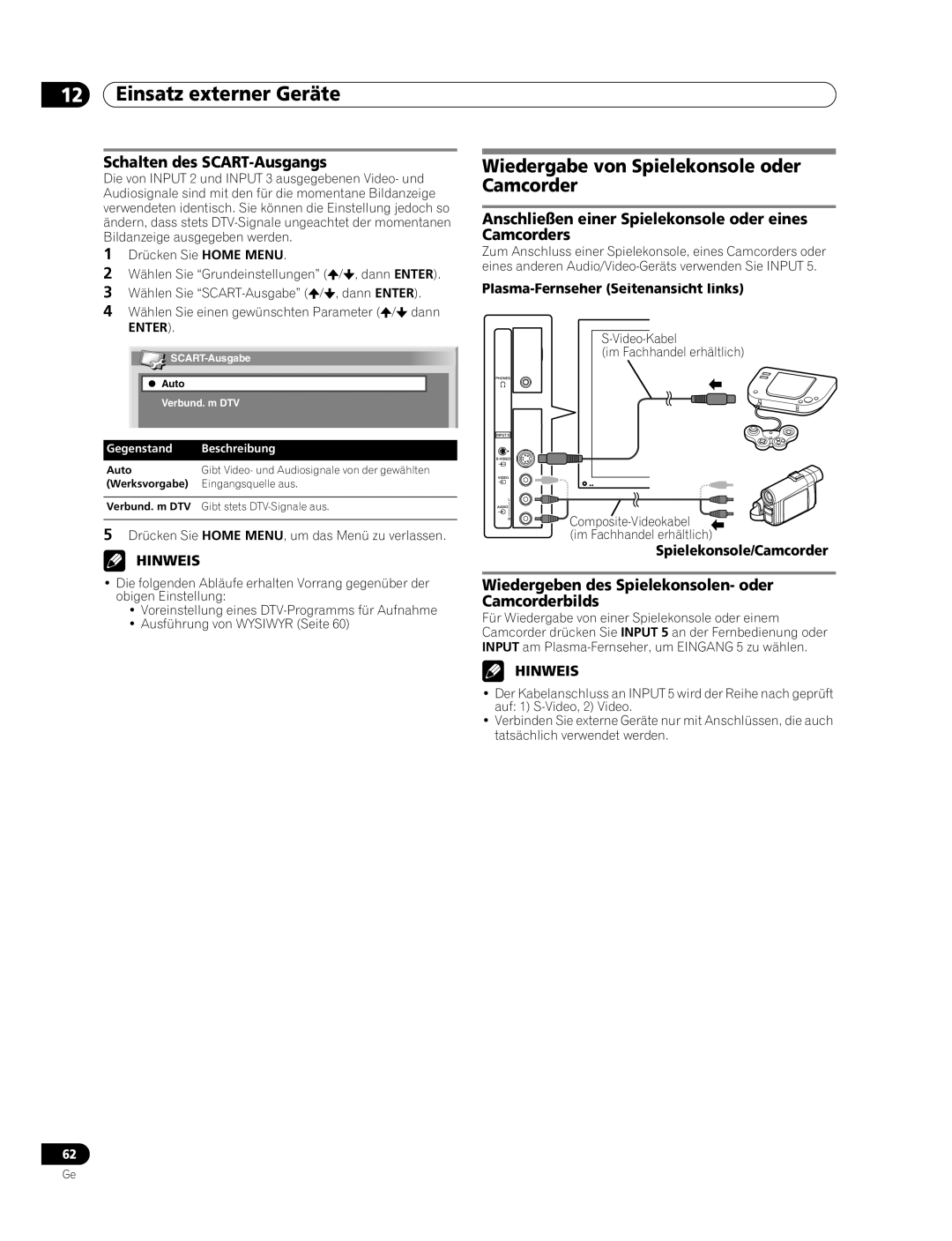 Pioneer PDP-507XD manual Wiedergabe von Spielekonsole oder Camcorder, Schalten des SCART-Ausgangs 