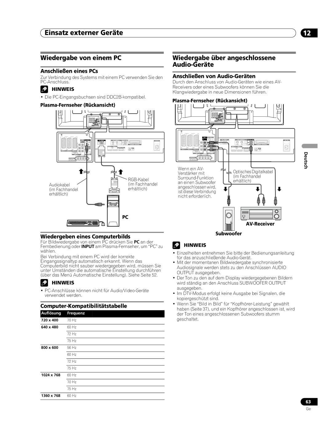 Pioneer PDP-507XD manual Wiedergabe von einem PC, Wiedergabe über angeschlossene Audio-Geräte 