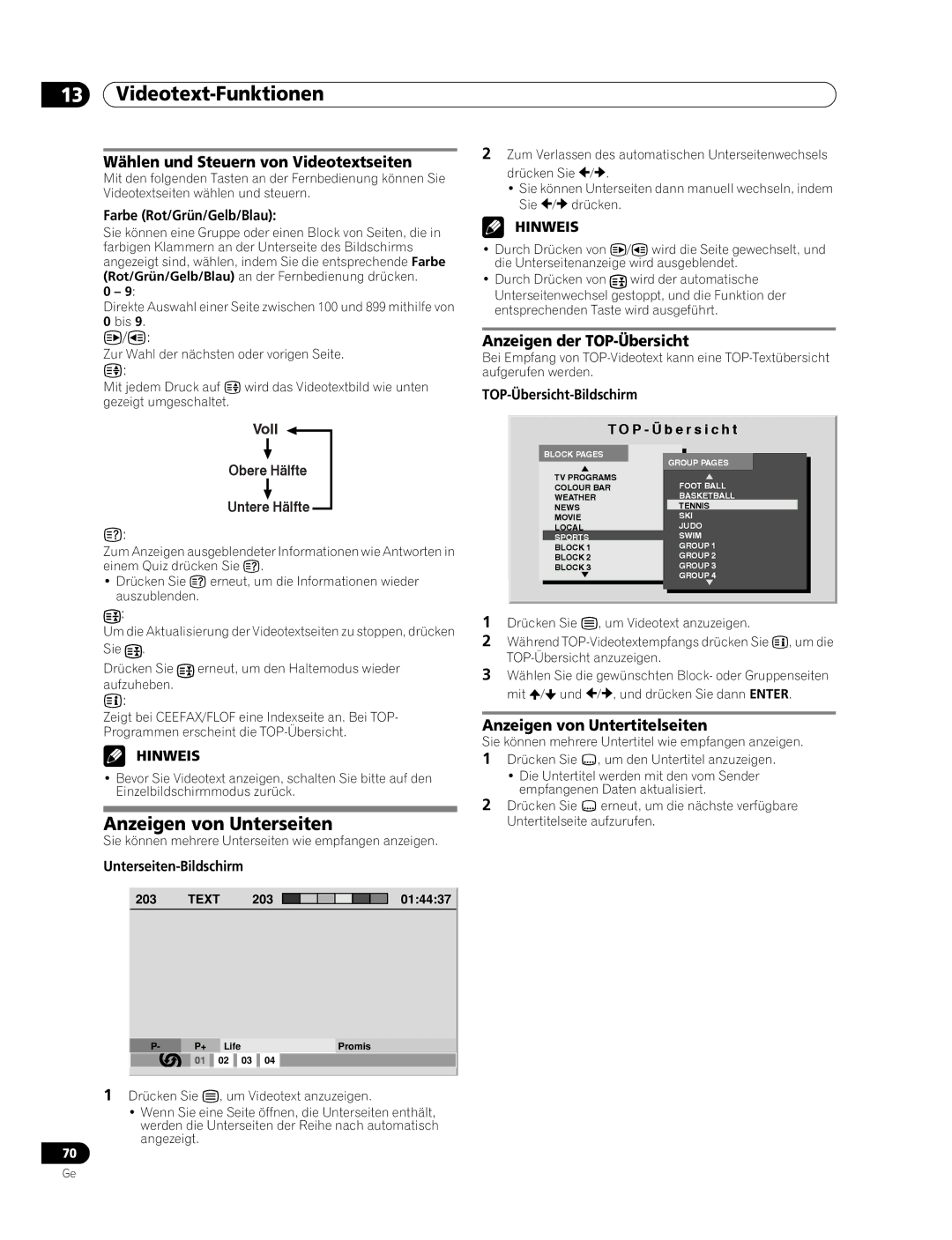 Pioneer PDP-507XD manual Anzeigen von Unterseiten, Wählen und Steuern von Videotextseiten, Anzeigen der TOP-Übersicht 