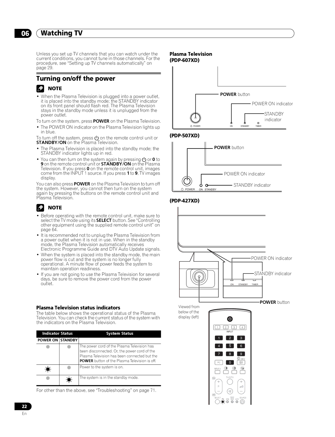 Pioneer PDP-507XD manual Watching TV, Turning on/off the power, Plasma Television status indicators, PDP-427XD 