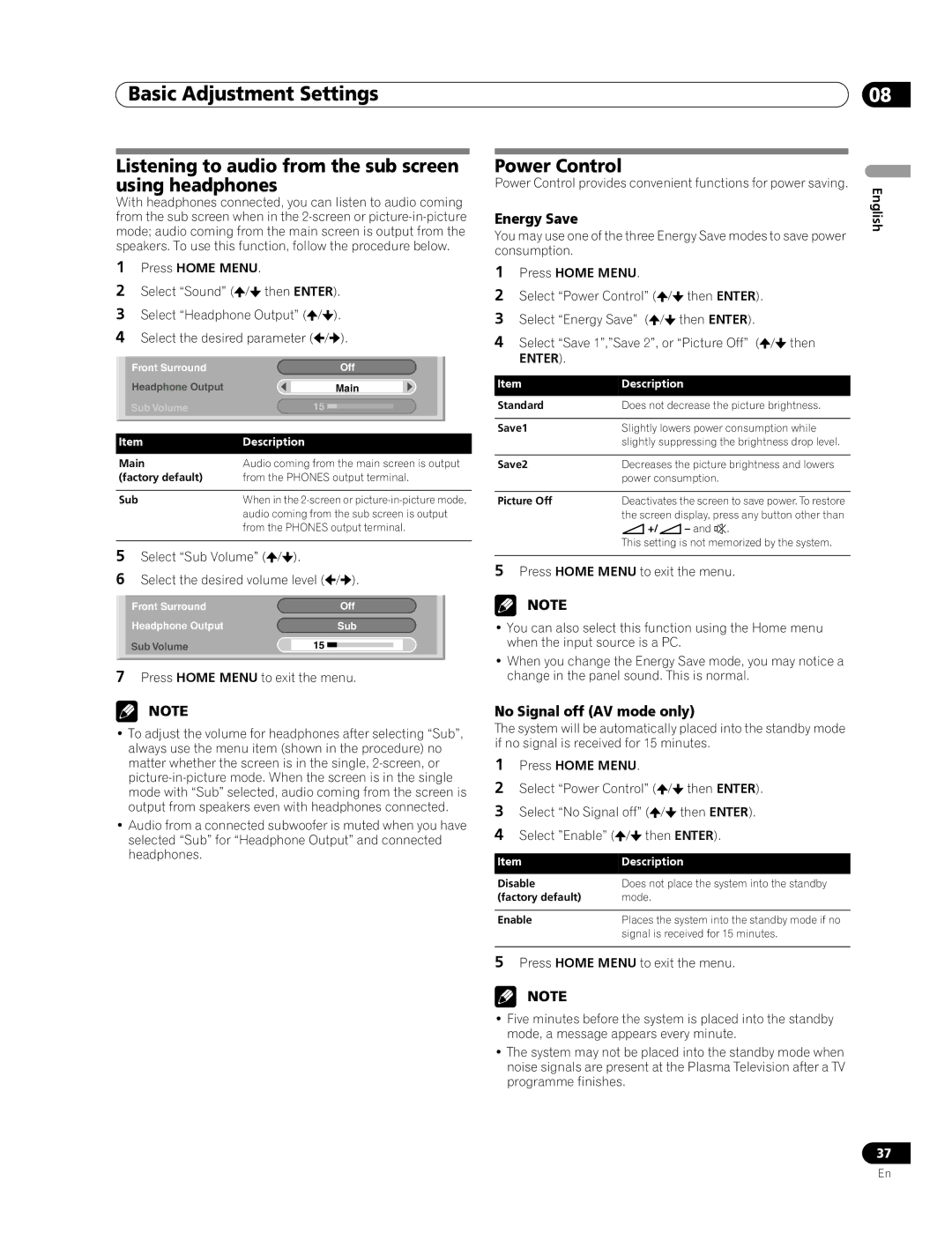 Pioneer PDP-507XD manual Listening to audio from the sub screen using headphones, Power Control, Energy Save 