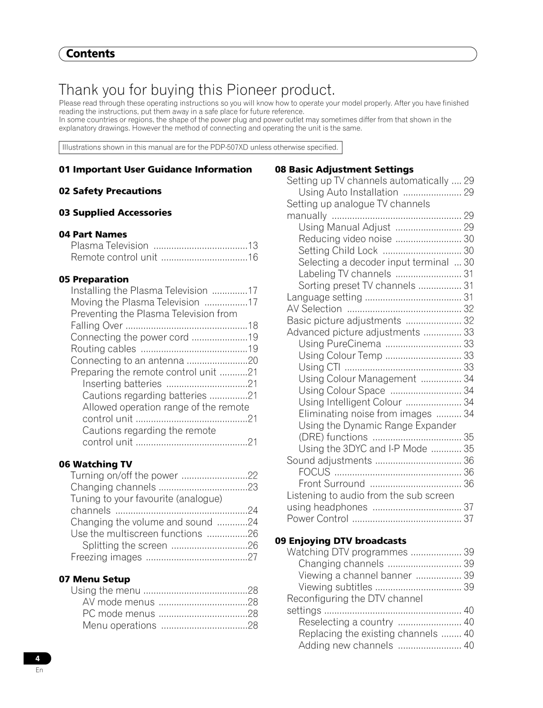 Pioneer PDP-507XD manual Contents 