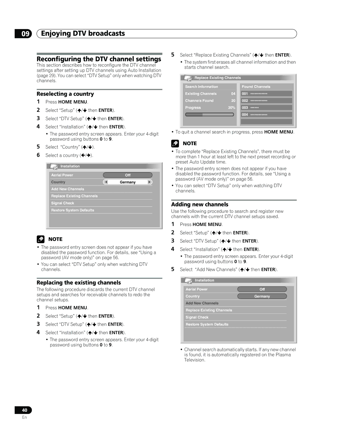 Pioneer PDP-507XD manual Reconfiguring the DTV channel settings, Reselecting a country, Replacing the existing channels 