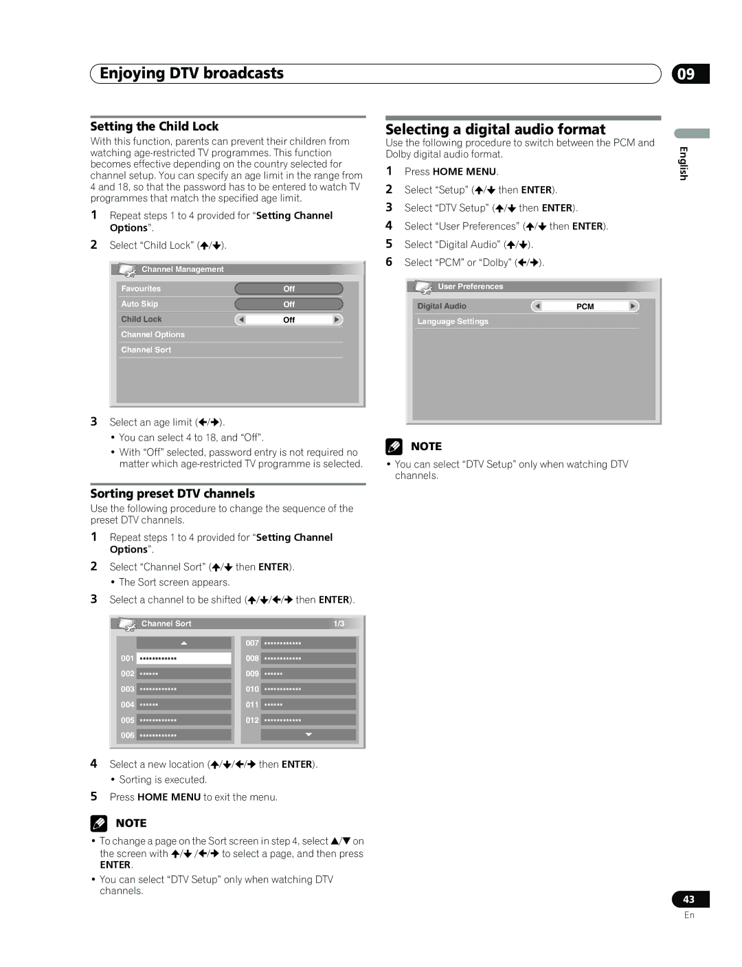 Pioneer PDP-507XD manual Selecting a digital audio format, Setting the Child Lock, Sorting preset DTV channels 