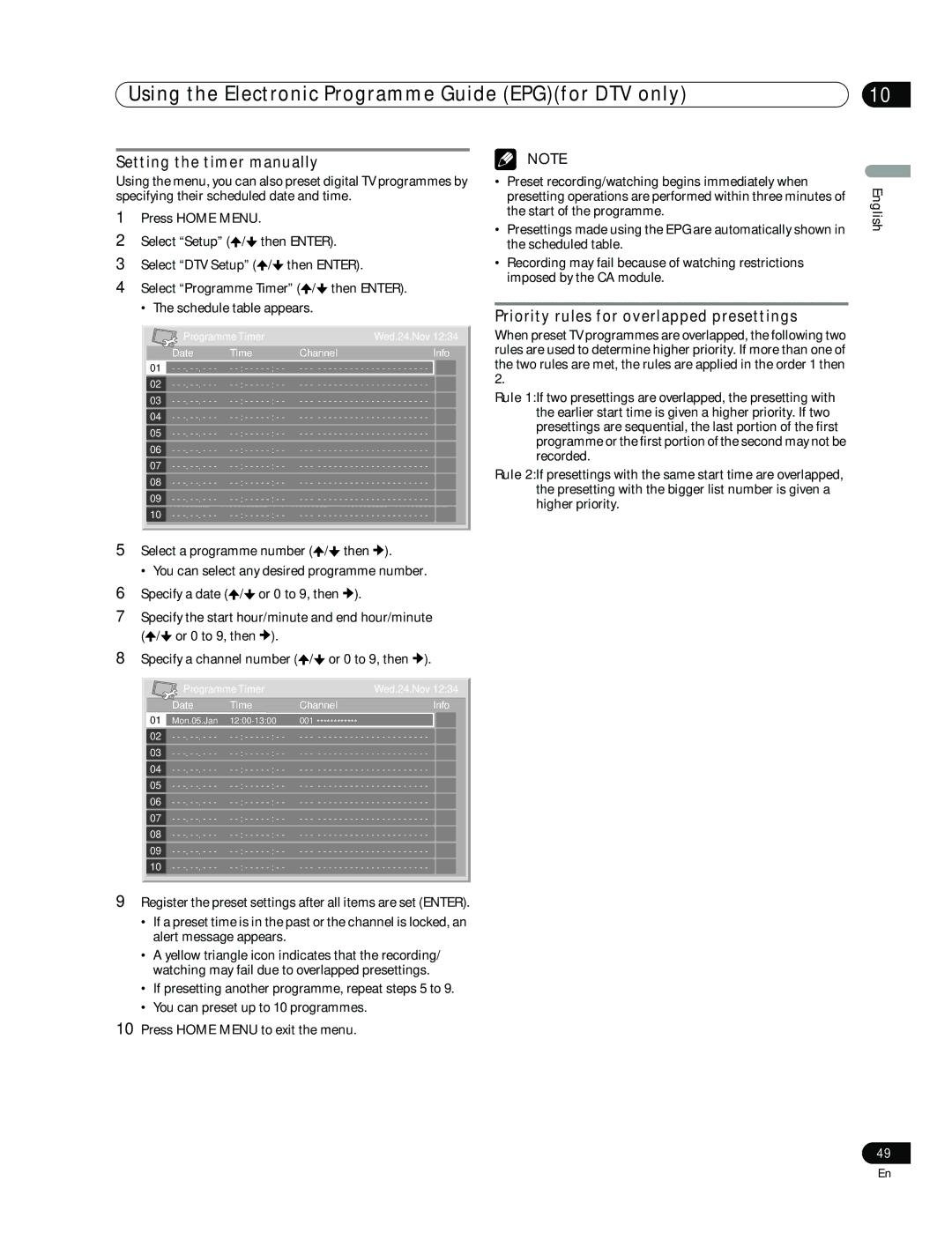 Pioneer PDP-507XD Setting the timer manually, Priority rules for overlapped presettings 