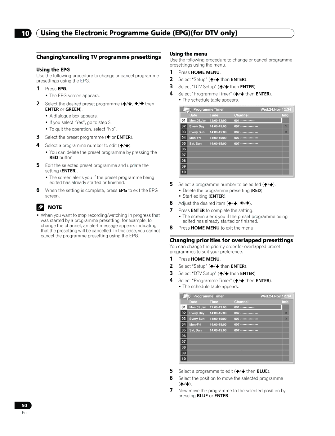 Pioneer PDP-507XD manual Changing/cancelling TV programme presettings, Changing priorities for overlapped presettings 