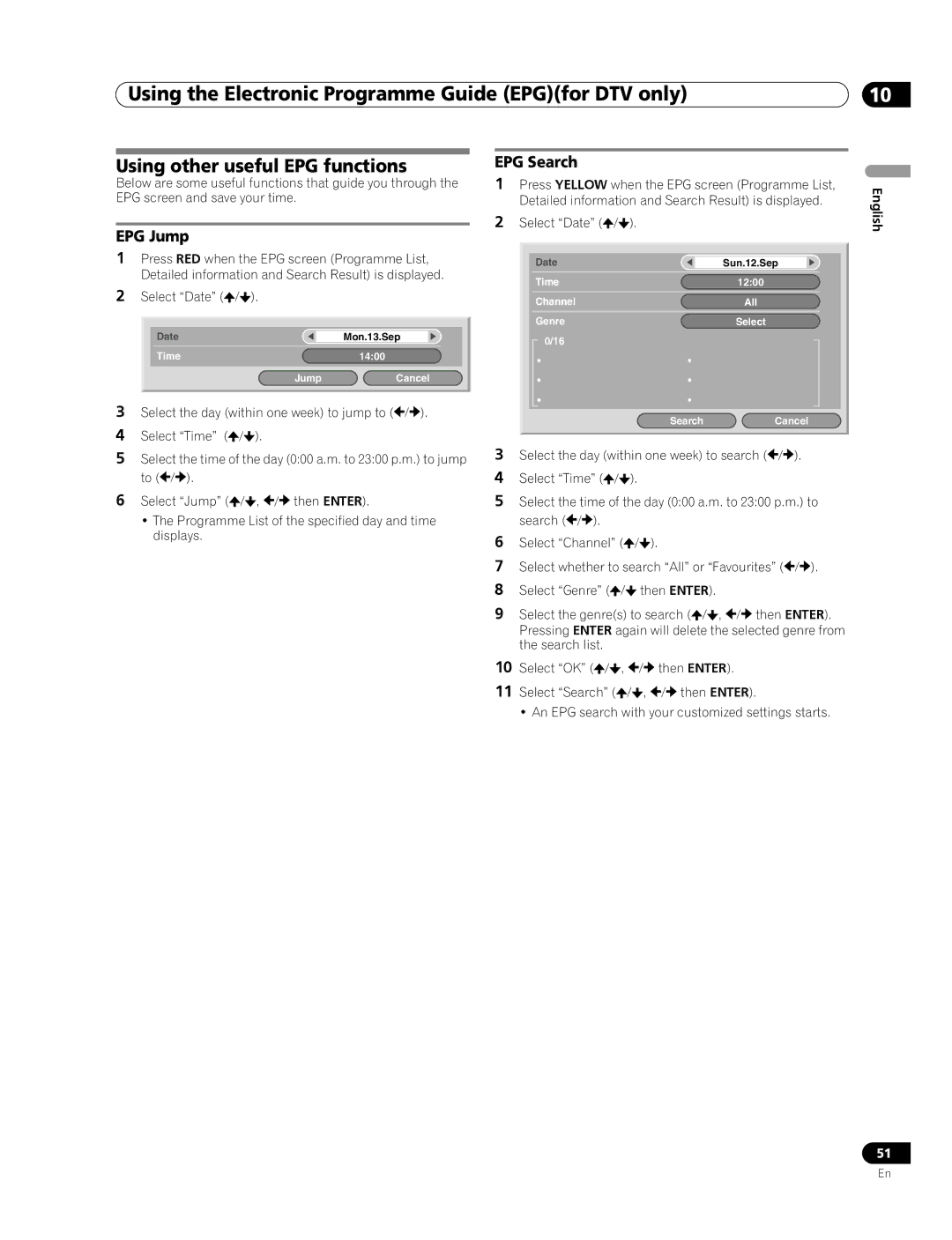 Pioneer PDP-507XD manual Using other useful EPG functions, EPG Jump, Select Date, Select Time 