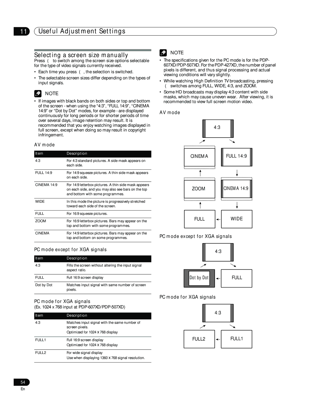 Pioneer PDP-507XD Selecting a screen size manually, AV mode, PC mode except for XGA signals, PC mode for XGA signals 