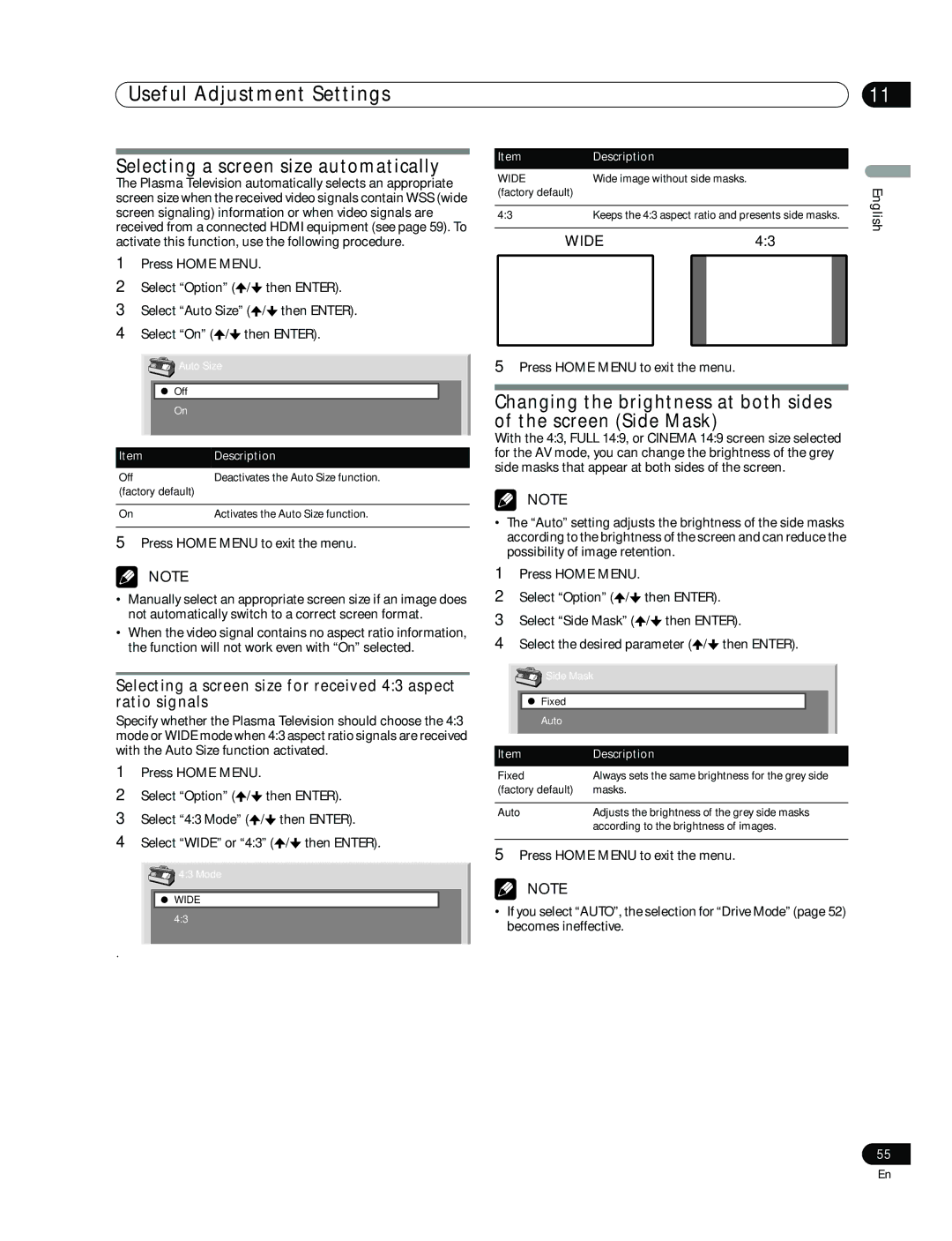 Pioneer PDP-507XD Selecting a screen size automatically, Selecting a screen size for received 43 aspect ratio signals 