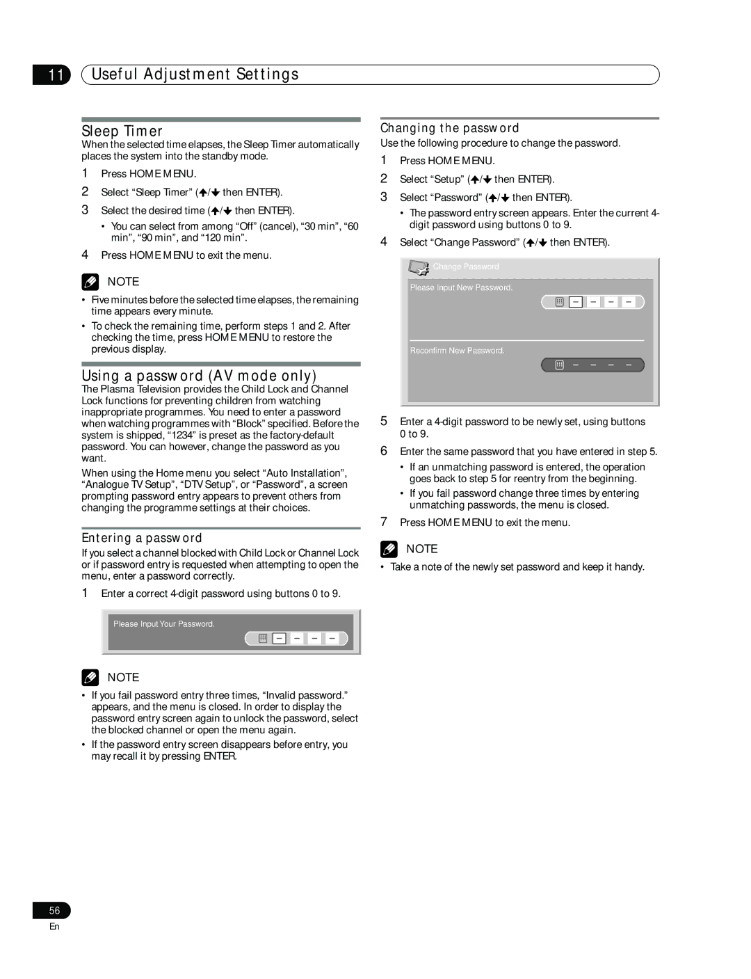 Pioneer PDP-507XD manual Sleep Timer, Using a password AV mode only, Entering a password, Changing the password 