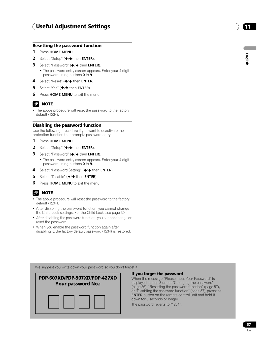 Pioneer PDP-507XD manual Resetting the password function, Disabling the password function, If you forget the password 