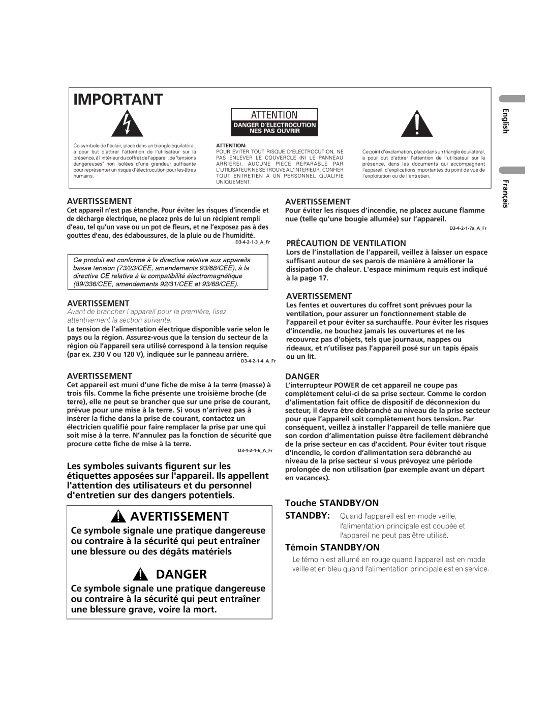 Pioneer PDP-507XD manual Touche STANDBY/ON, Témoin STANDBY/ON, English Français 