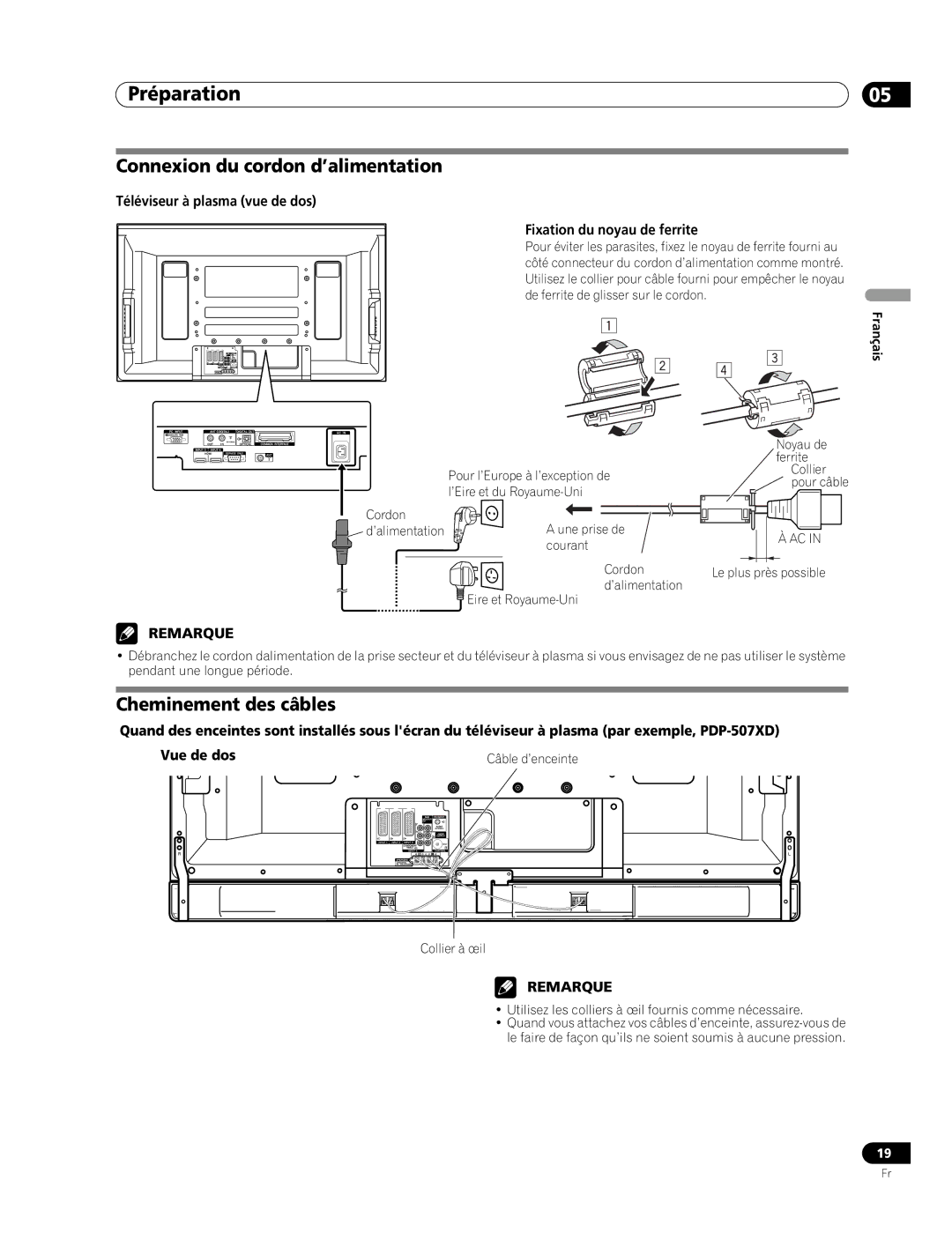 Pioneer PDP-507XD manual Connexion du cordon d’alimentation, Cheminement des câbles 