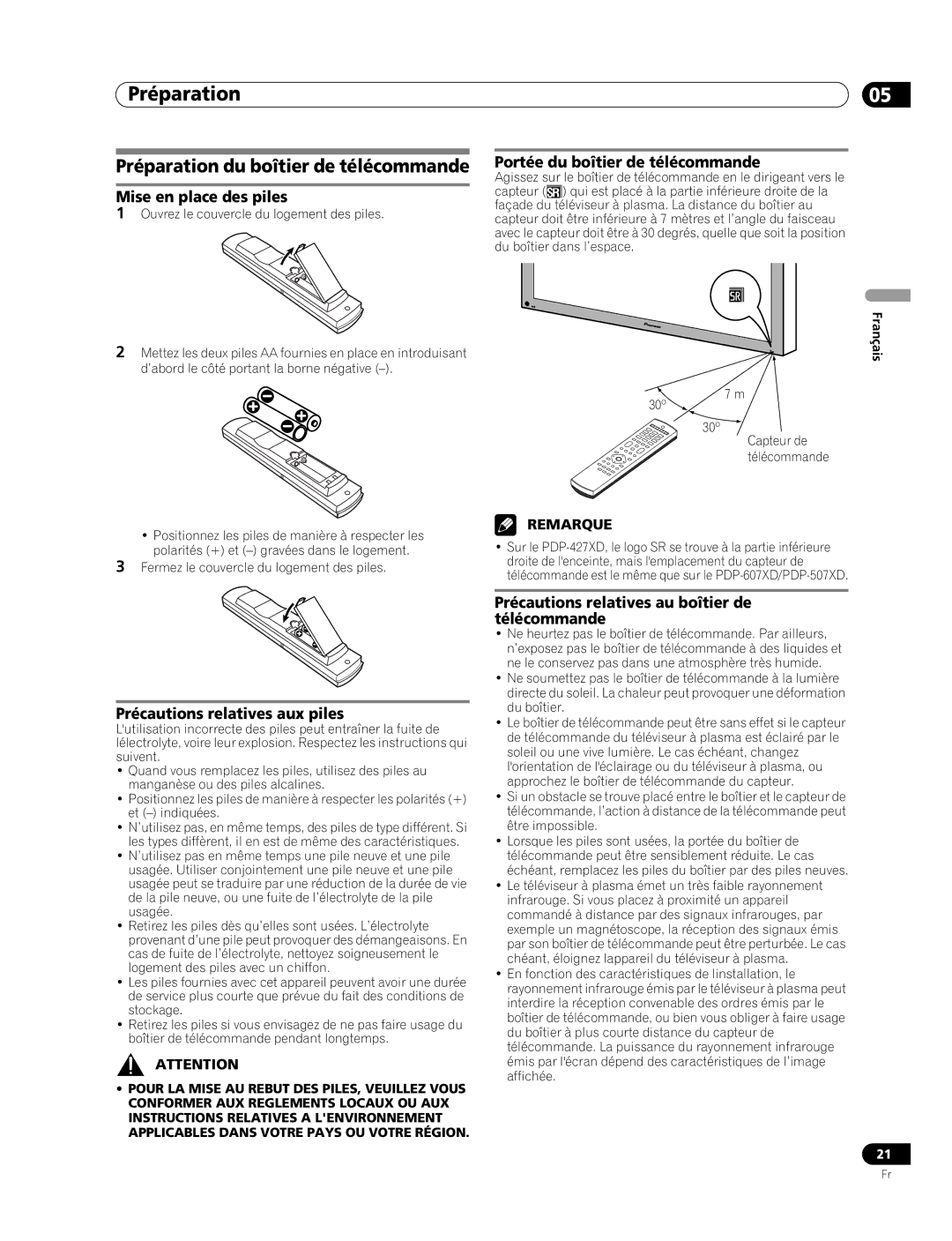 Pioneer PDP-507XD manual Préparation du boîtier de télécommande, Mise en place des piles, Précautions relatives aux piles 