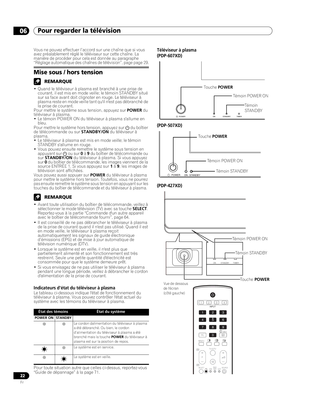 Pioneer PDP-507XD manual Pour regarder la télévision, Mise sous / hors tension, Indicateurs détat du téléviseur à plasma 