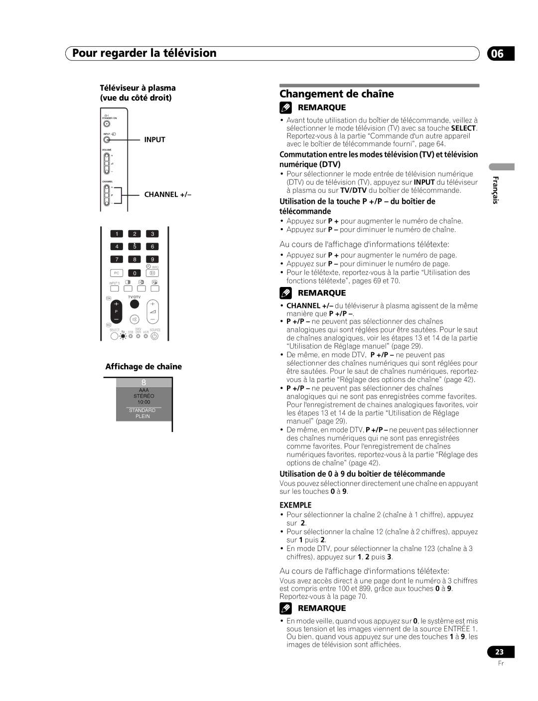 Pioneer PDP-507XD Changement de chaîne, Affichage de chaîne, Utilisation de la touche P +/P du boîtier de télécommande 