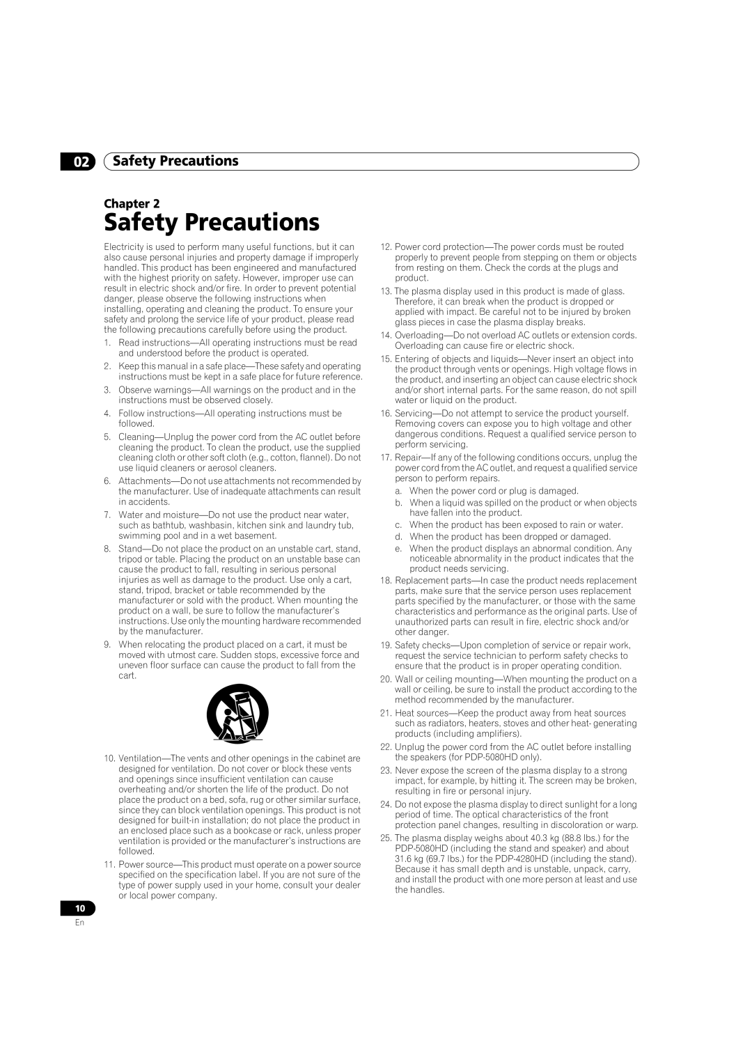 Pioneer PDP-5080HD operating instructions Safety Precautions 