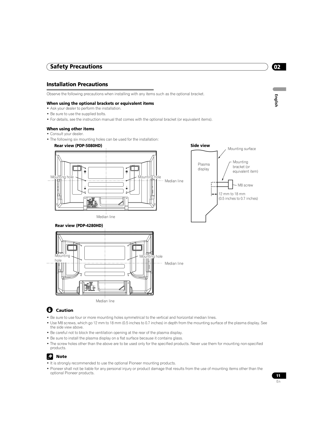 Pioneer PDP-5080HD Installation Precautions, When using the optional brackets or equivalent items, When using other items 