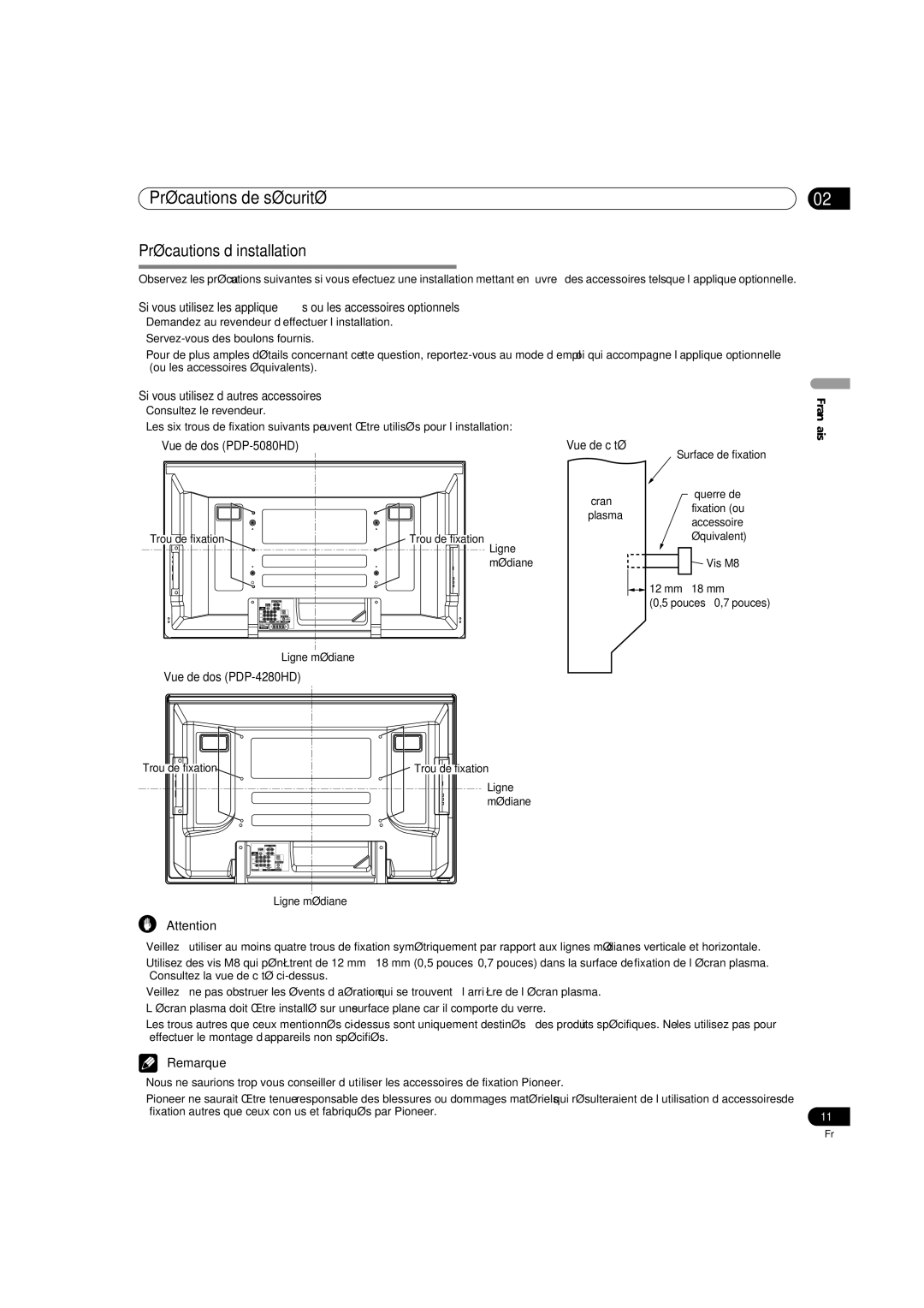 Pioneer Précautions d’installation, Si vous utilisez d’autres accessoires, Vue de dos PDP-5080HD Vue de côté 