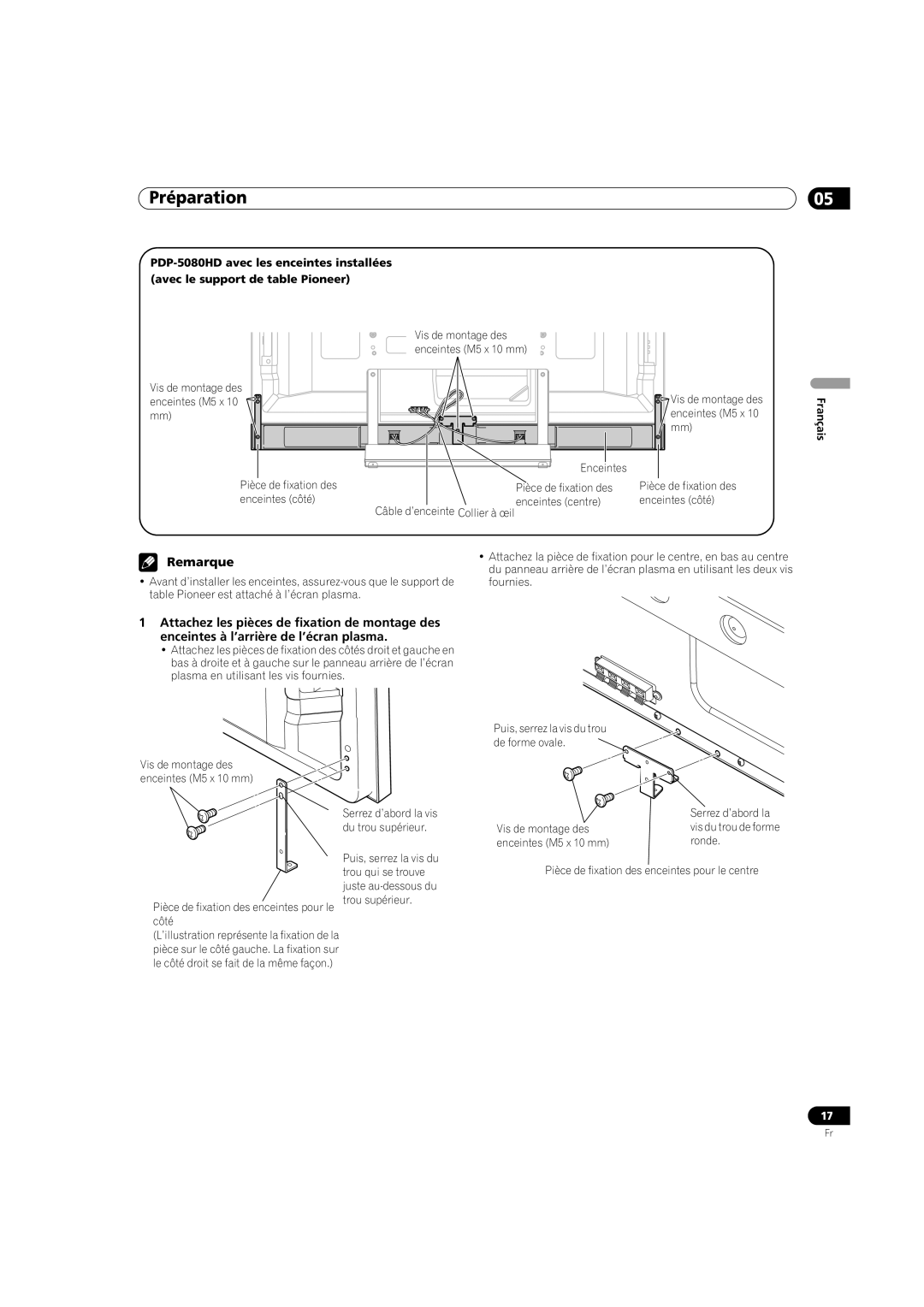 Pioneer PDP-5080HD Vis de montage des enceintes M5 x 10 mm, ➀ Serrez d’abord la vis du trou de forme ronde 