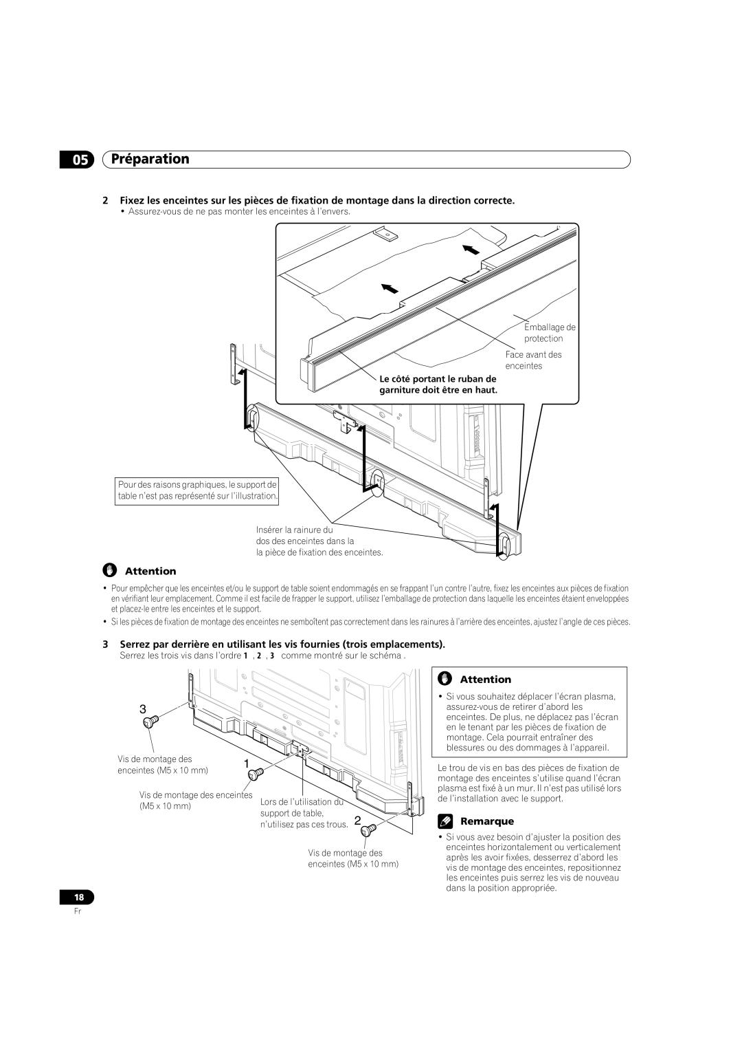 Pioneer PDP-5080HD operating instructions Le côté portant le ruban de garniture doit être en haut 