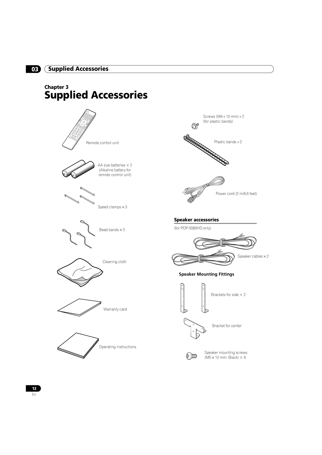 Pioneer PDP-5080HD operating instructions Supplied Accessories, Speaker accessories, Speaker Mounting Fittings 