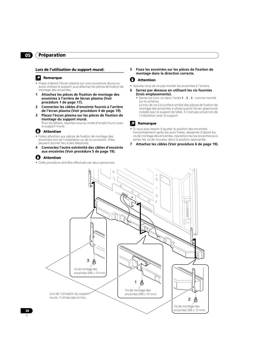 Pioneer PDP-5080HD operating instructions Lors de l’utilisation du support mural, Attachez les câbles Voir procédure 6 de 