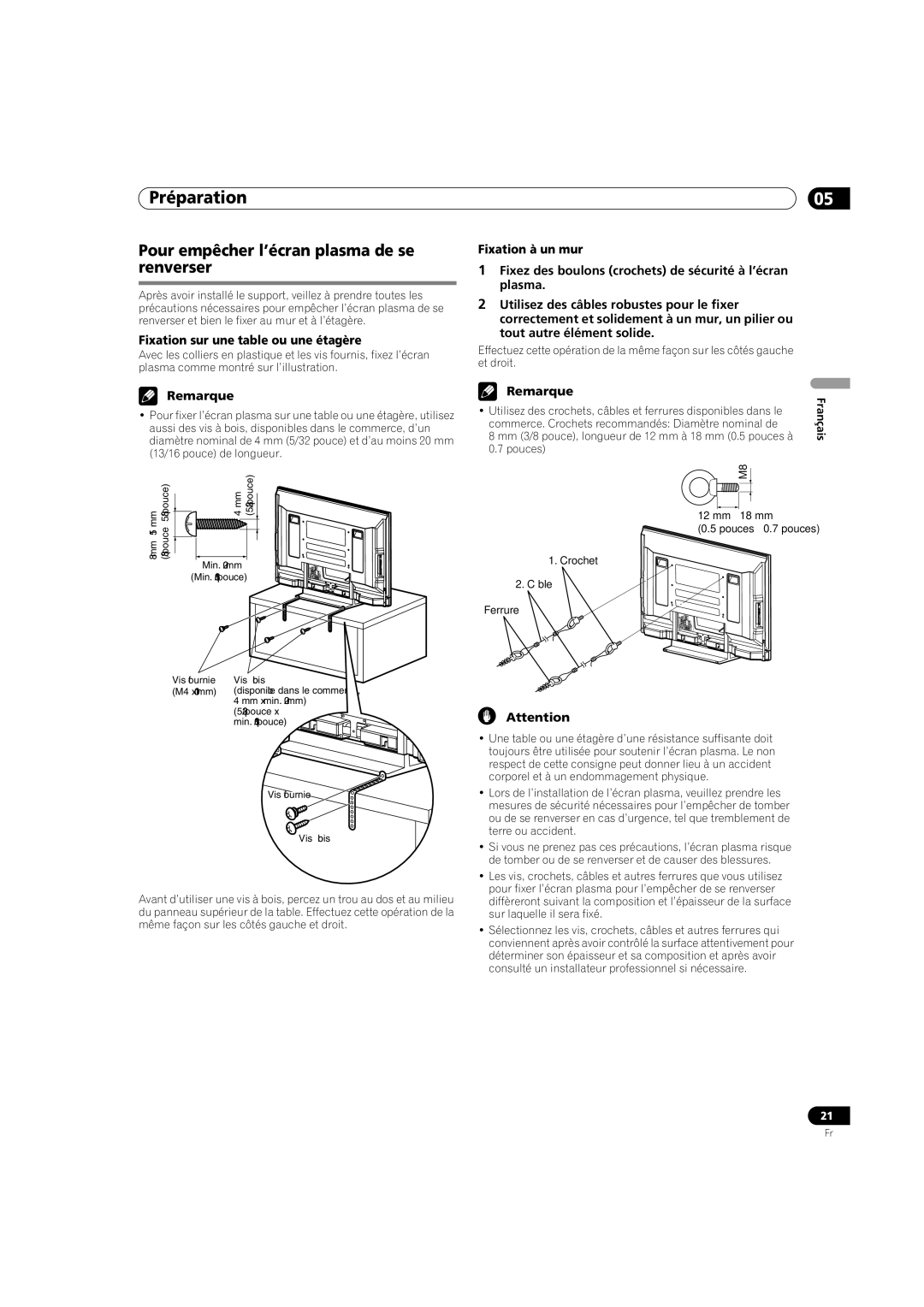 Pioneer PDP-5080HD Pour empêcher l’écran plasma de se renverser, Fixation sur une table ou une étagère 