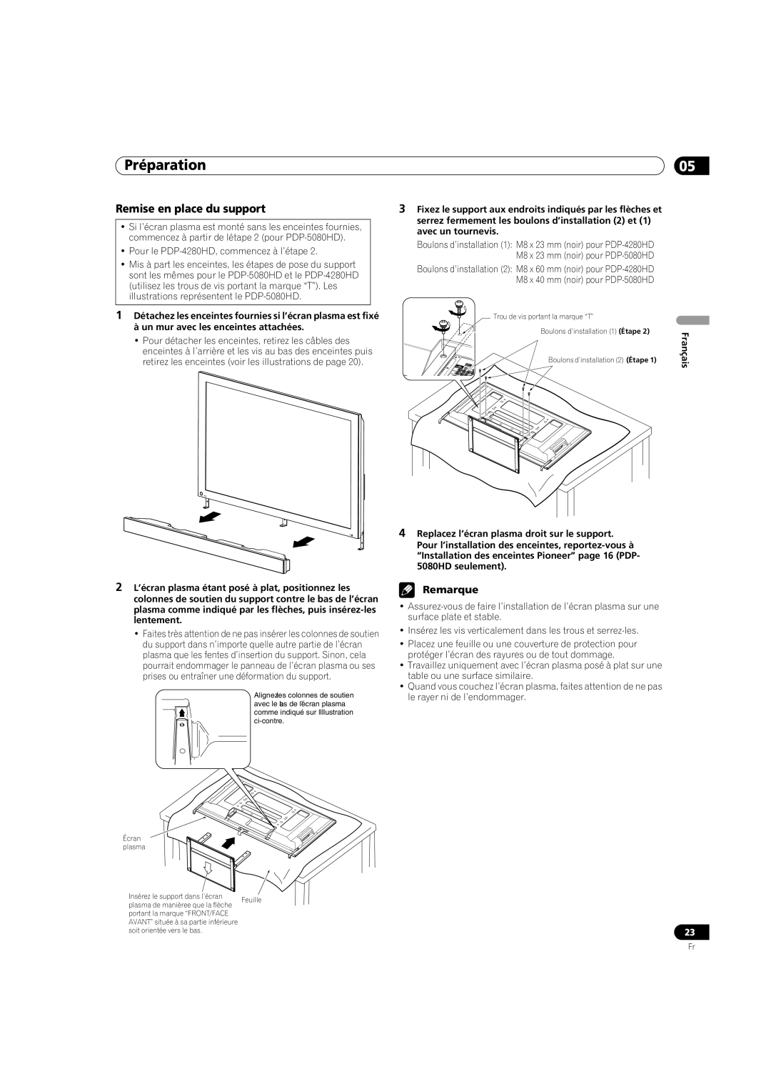 Pioneer PDP-5080HD operating instructions Remise en place du support 