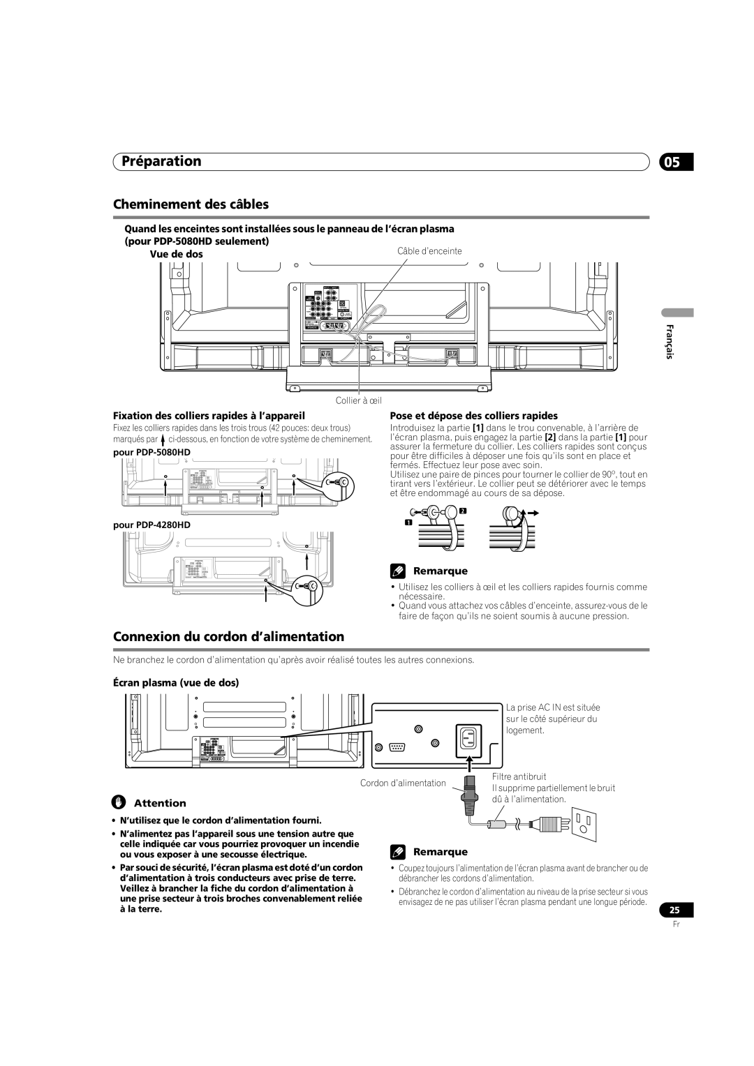 Pioneer PDP-5080HD Cheminement des câbles, Connexion du cordon d’alimentation, Fixation des colliers rapides à l’appareil 