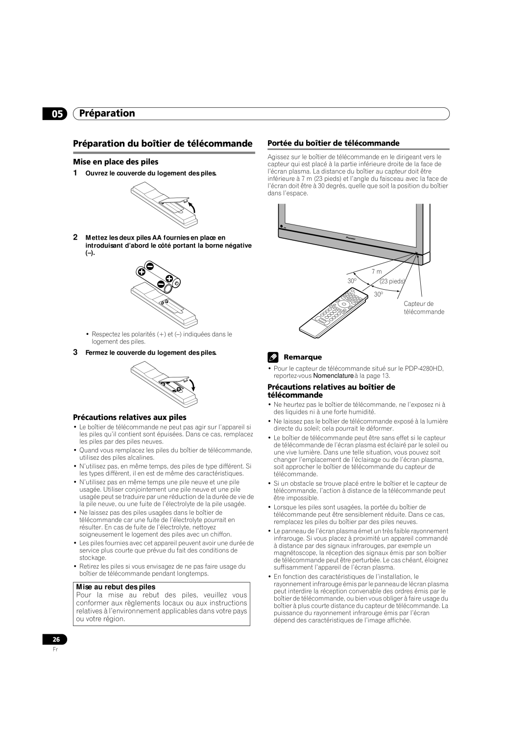 Pioneer PDP-5080HD Préparation du boîtier de télécommande, Mise en place des piles, Précautions relatives aux piles 