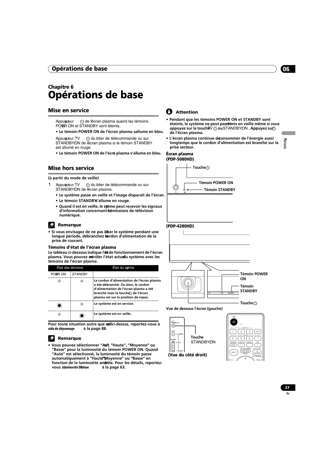 Pioneer PDP-5080HD operating instructions Opérations de base, Mise en service, Mise hors service 