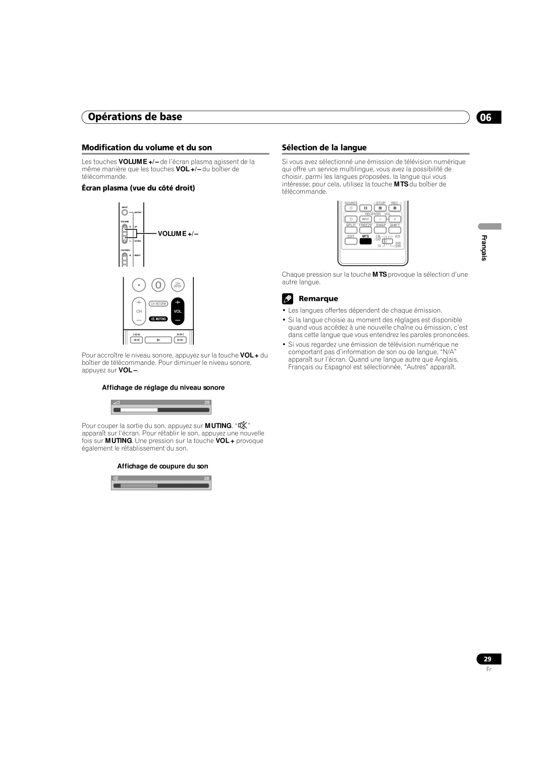 Pioneer PDP-5080HD Modification du volume et du son, Sélection de la langue, Affichage de réglage du niveau sonore 