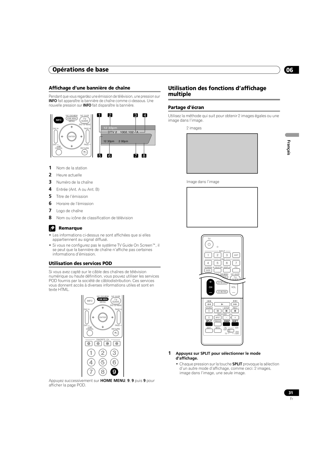 Pioneer PDP-5080HD Utilisation des fonctions d’affichage multiple, Affichage d’une bannière de chaîne, Partage d’écran 